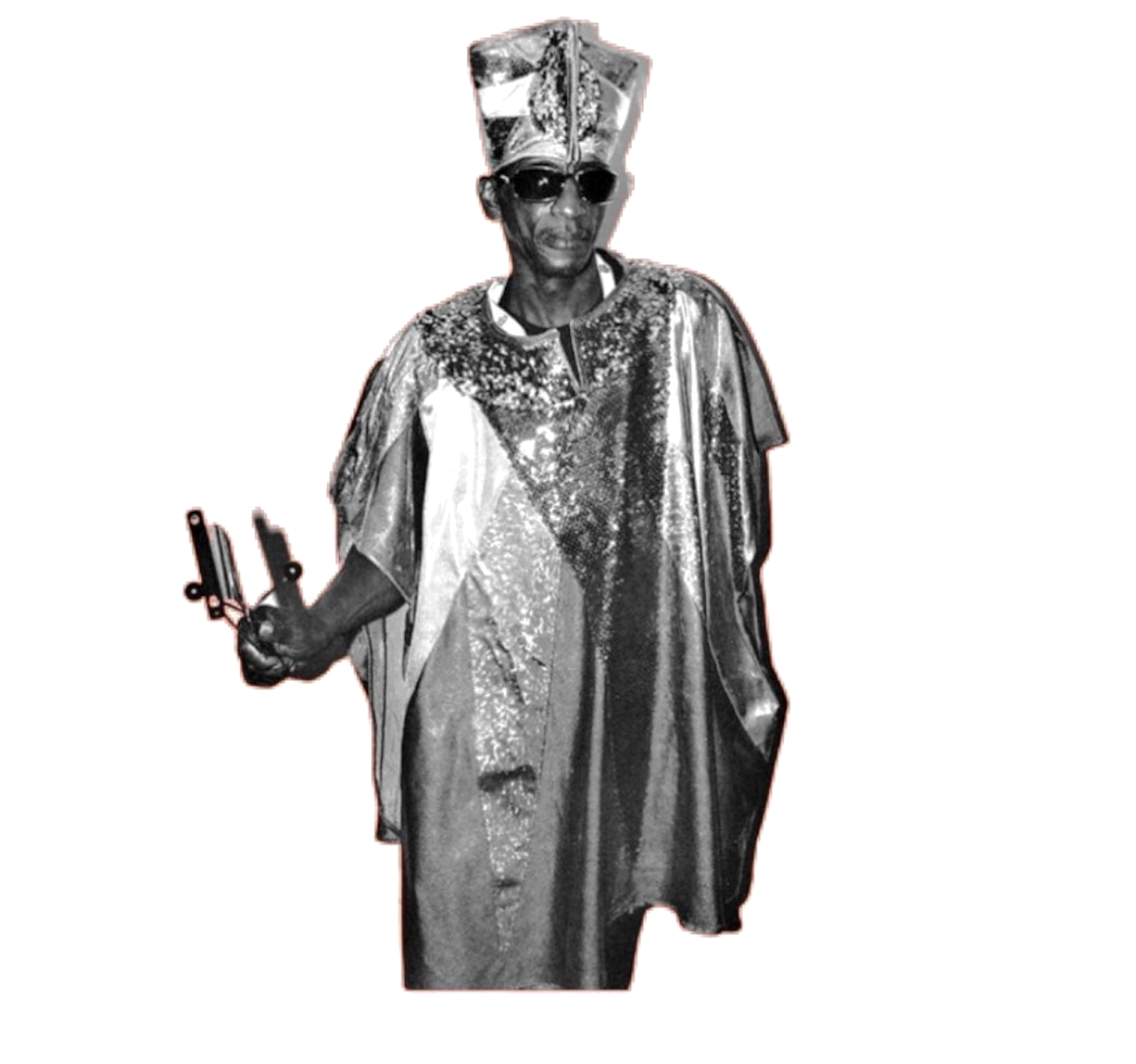 Takatune (Stanley Leon Morgan) in silver agbada, peace sign