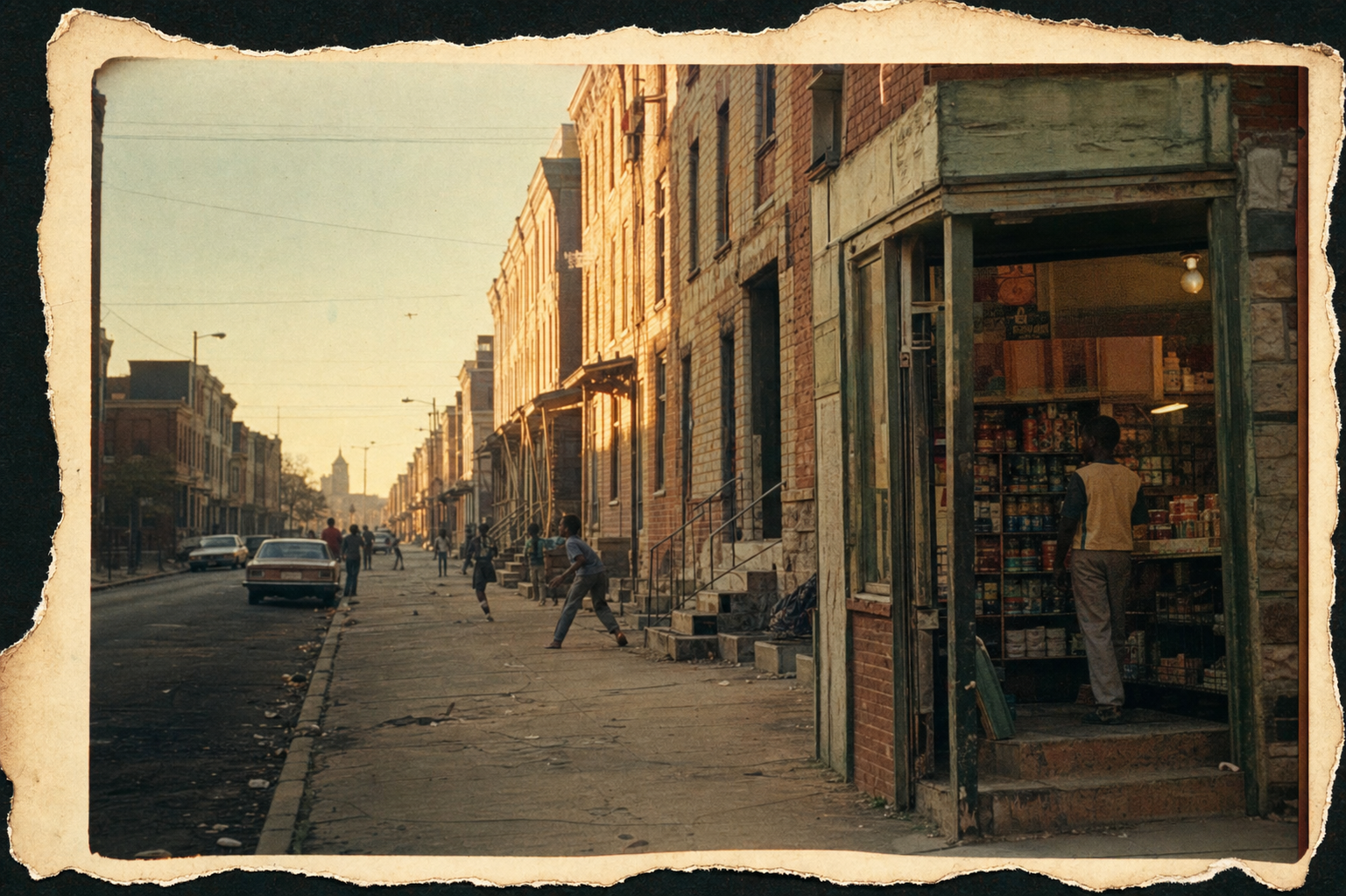 Golden-hour photograph of a North Philadelphia rowhouse block in the late 1970s