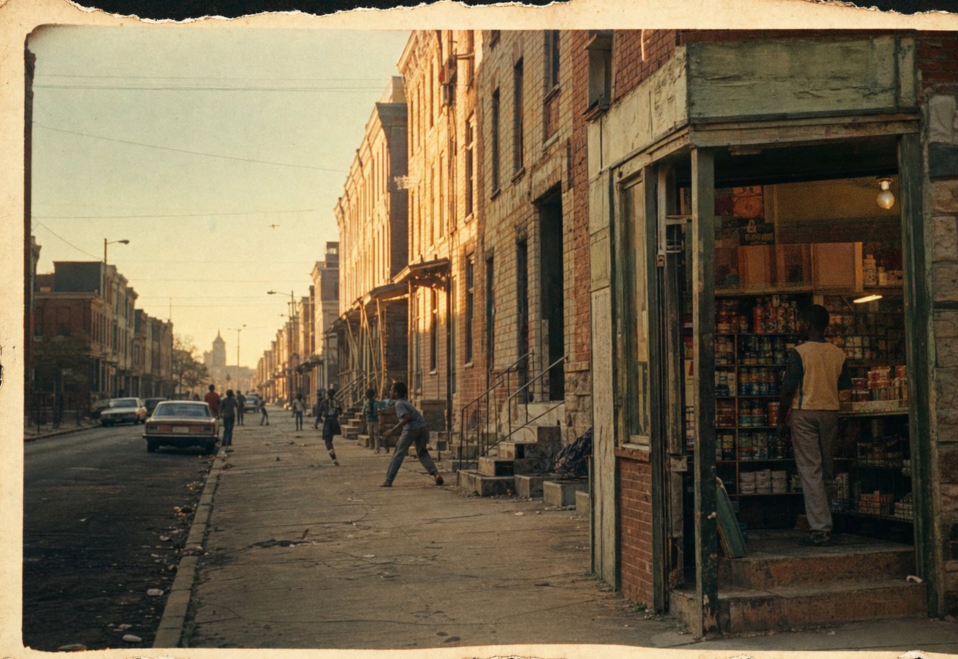 North Philadelphia rowhouses at golden hour with kids playing in the street and a corner bodega, c. 1973
